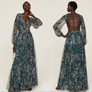 Ieena for Mac Duggal Blue Floral Sequin Gown Long Sleeve Formal Maxi Dress Teal